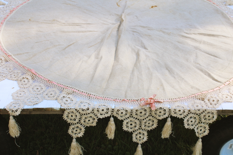 photo of Victorian antique handmade table cover, flax linen round tablecloth w/ wide crochet lace edging  #1