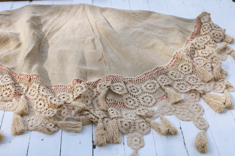 photo of Victorian antique handmade table cover, flax linen round tablecloth w/ wide crochet lace edging  #4