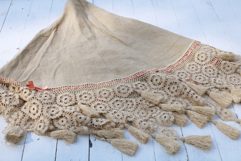 photo of Victorian antique handmade table cover, flax linen round tablecloth w/ wide crochet lace edging  #5