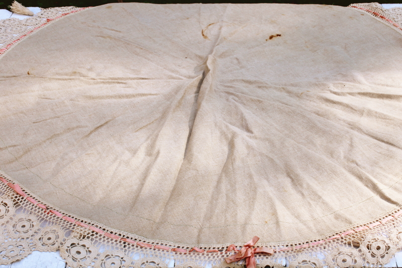 photo of Victorian antique handmade table cover, flax linen round tablecloth w/ wide crochet lace edging  #6