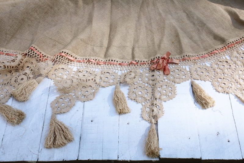 photo of Victorian antique handmade table cover, flax linen round tablecloth w/ wide crochet lace edging  #7