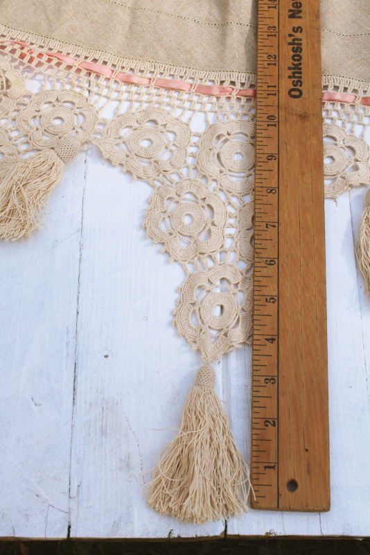 photo of Victorian antique handmade table cover, flax linen round tablecloth w/ wide crochet lace edging  #8
