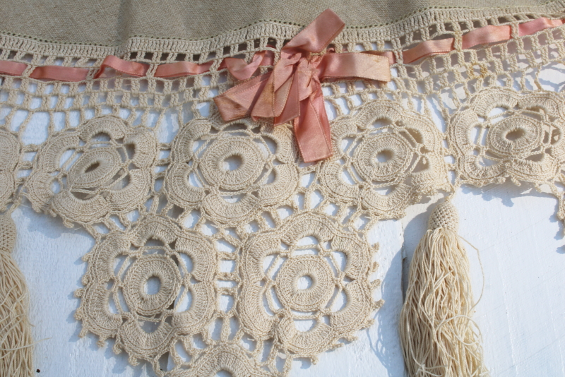 photo of Victorian antique handmade table cover, flax linen round tablecloth w/ wide crochet lace edging  #9