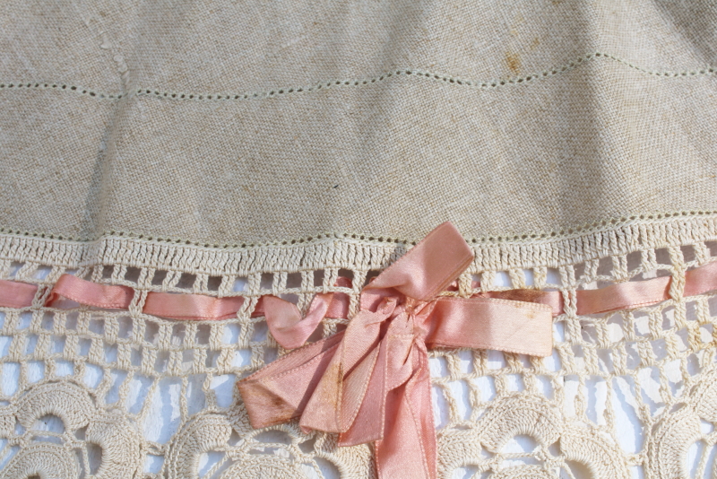 photo of Victorian antique handmade table cover, flax linen round tablecloth w/ wide crochet lace edging  #10