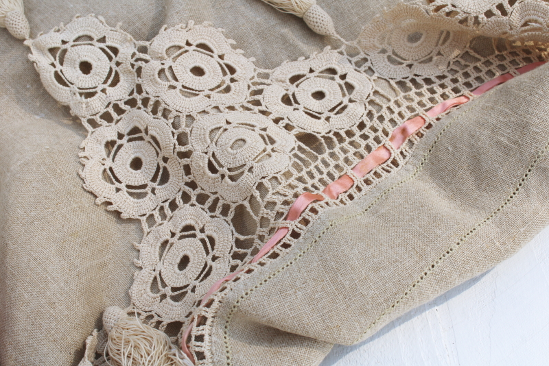 photo of Victorian antique handmade table cover, flax linen round tablecloth w/ wide crochet lace edging  #11