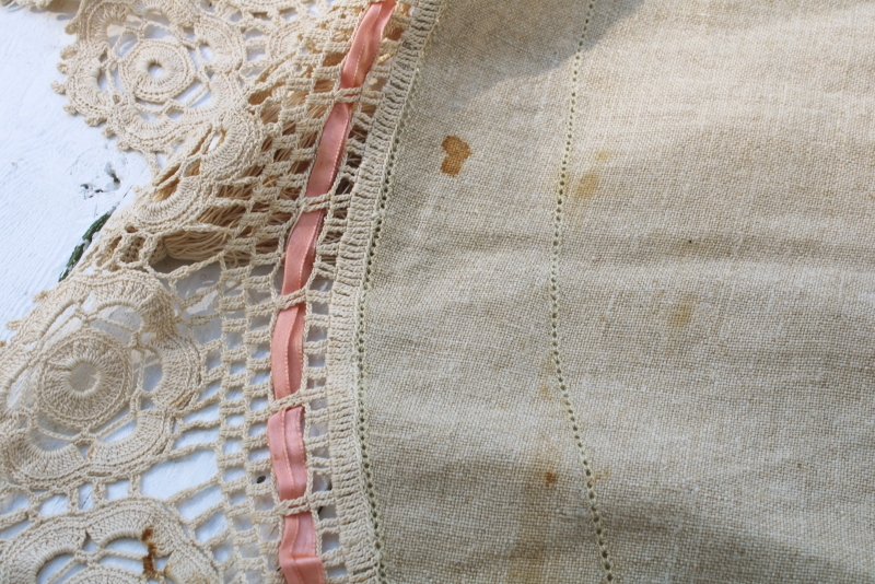 photo of Victorian antique handmade table cover, flax linen round tablecloth w/ wide crochet lace edging  #12