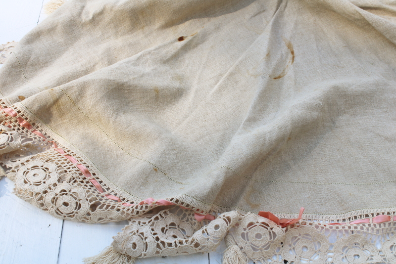photo of Victorian antique handmade table cover, flax linen round tablecloth w/ wide crochet lace edging  #13
