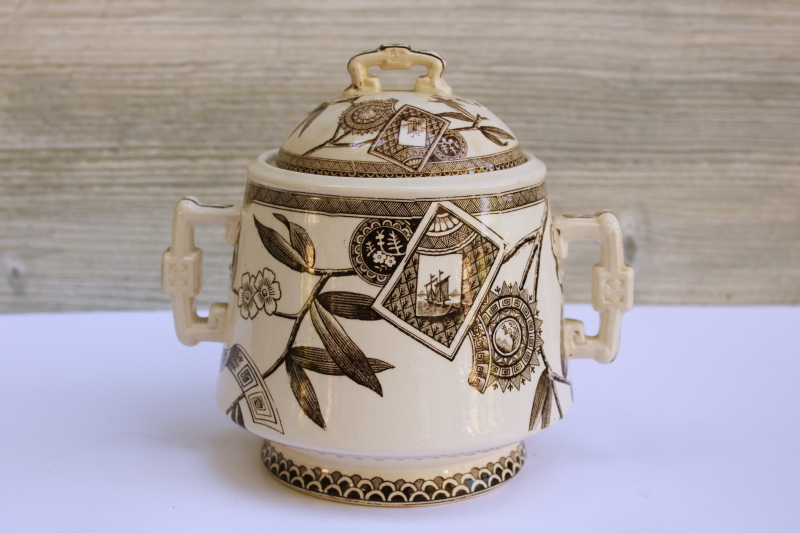 photo of Victorian antique ironstone china biscuit jar, aesthetic design brown transferware print  #1