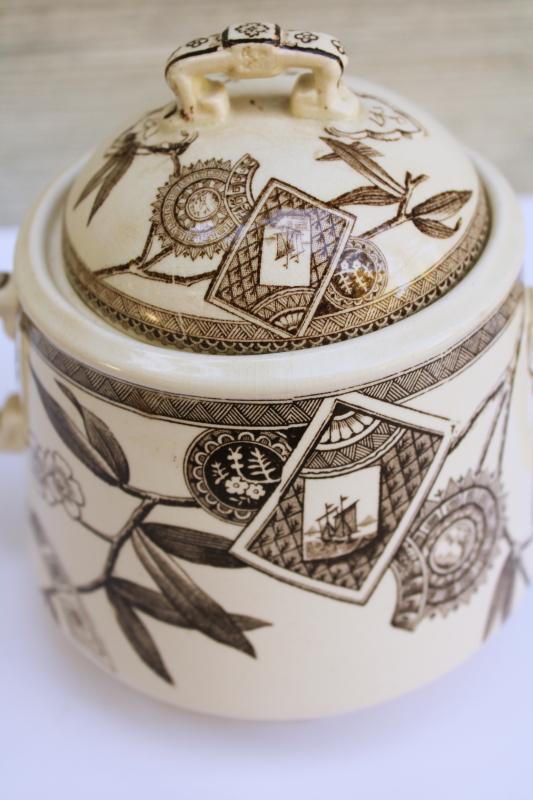 photo of Victorian antique ironstone china biscuit jar, aesthetic design brown transferware print #5