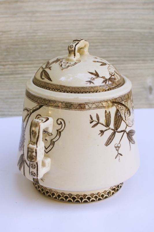 photo of Victorian antique ironstone china biscuit jar, aesthetic design brown transferware print #6