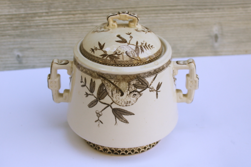 photo of Victorian antique ironstone china biscuit jar, aesthetic design brown transferware print #7