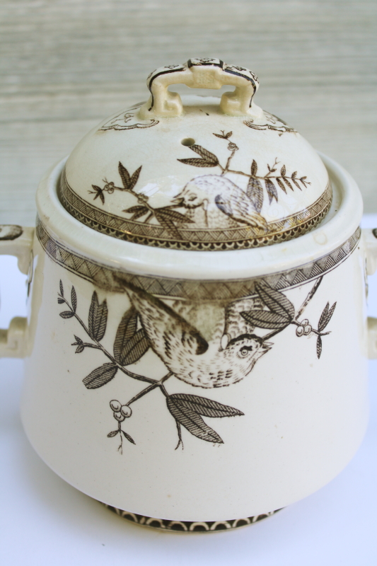 photo of Victorian antique ironstone china biscuit jar, aesthetic design brown transferware print #8