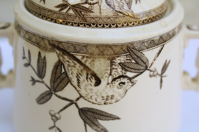 photo of Victorian antique ironstone china biscuit jar, aesthetic design brown transferware print #9