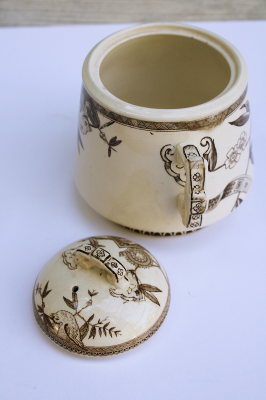 photo of Victorian antique ironstone china biscuit jar, aesthetic design brown transferware print #10