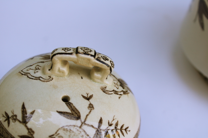 photo of Victorian antique ironstone china biscuit jar, aesthetic design brown transferware print #11