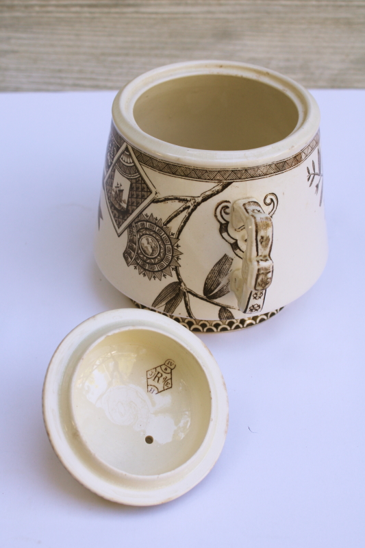 photo of Victorian antique ironstone china biscuit jar, aesthetic design brown transferware print #12