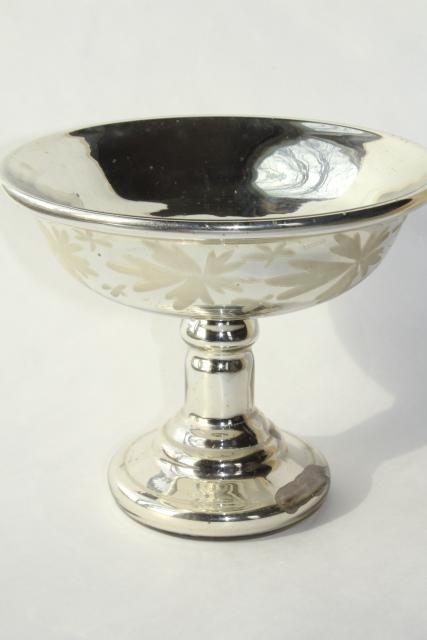 photo of Victorian antique mercury glass compote pedestal bowl, silvered glass w/ hand painted floral #1