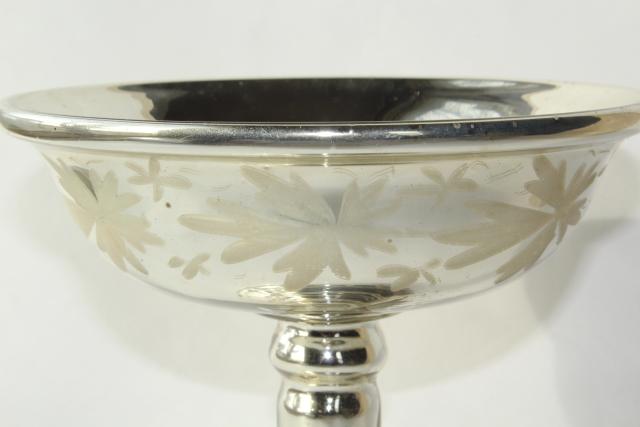 photo of Victorian antique mercury glass compote pedestal bowl, silvered glass w/ hand painted floral #2