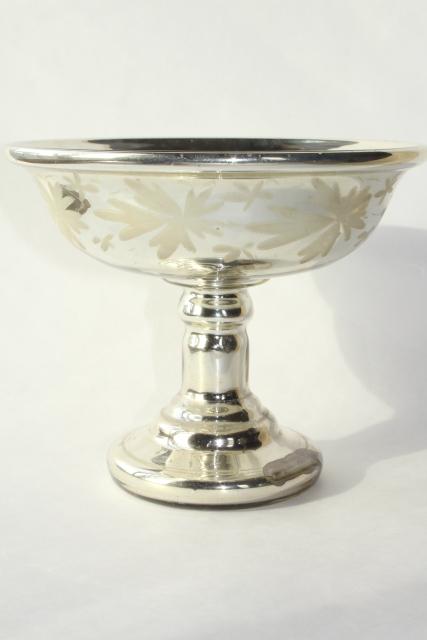 photo of Victorian antique mercury glass compote pedestal bowl, silvered glass w/ hand painted floral #6