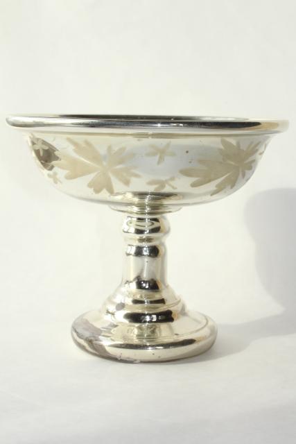 photo of Victorian antique mercury glass compote pedestal bowl, silvered glass w/ hand painted floral #7