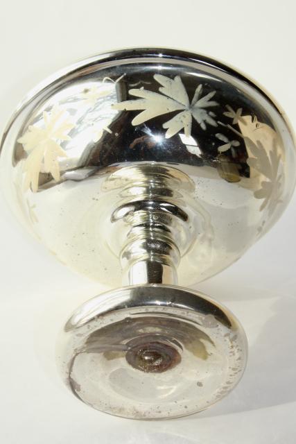photo of Victorian antique mercury glass compote pedestal bowl, silvered glass w/ hand painted floral #11