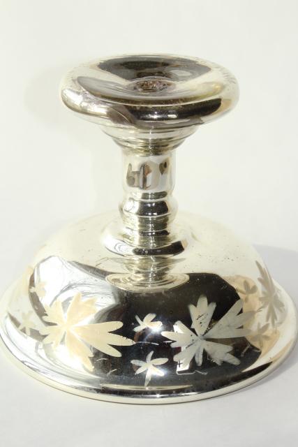 photo of Victorian antique mercury glass compote pedestal bowl, silvered glass w/ hand painted floral #12