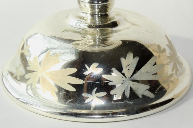 photo of Victorian antique mercury glass compote pedestal bowl, silvered glass w/ hand painted floral #13
