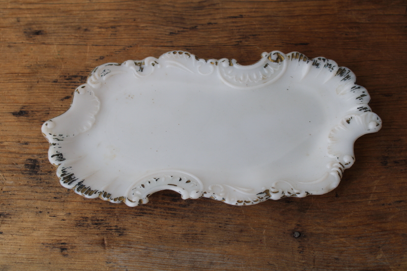 photo of Victorian antique milk glass trinket dish, tiny vanity tray for perfume bottles etc  #1