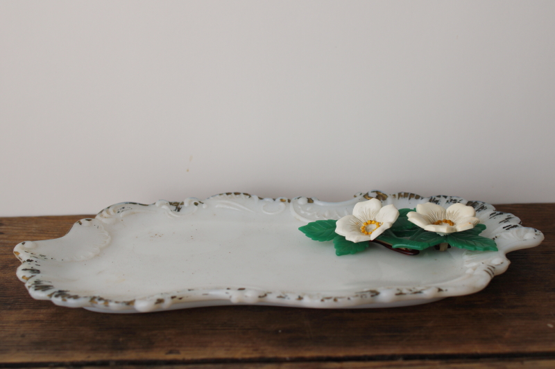 photo of Victorian antique milk glass trinket dish, tiny vanity tray for perfume bottles etc  #2