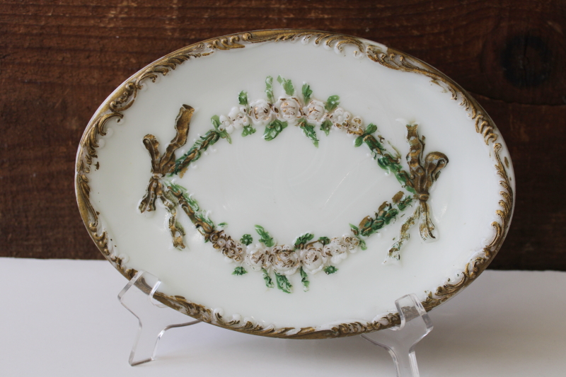 photo of Victorian antique milk glass vanity tray trinket dish, ornate embossed floral hand painted #1