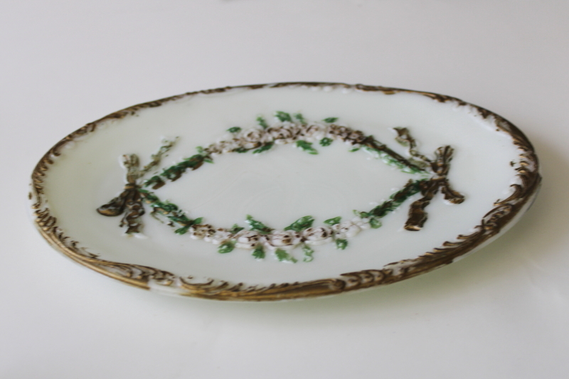 photo of Victorian antique milk glass vanity tray trinket dish, ornate embossed floral hand painted #2