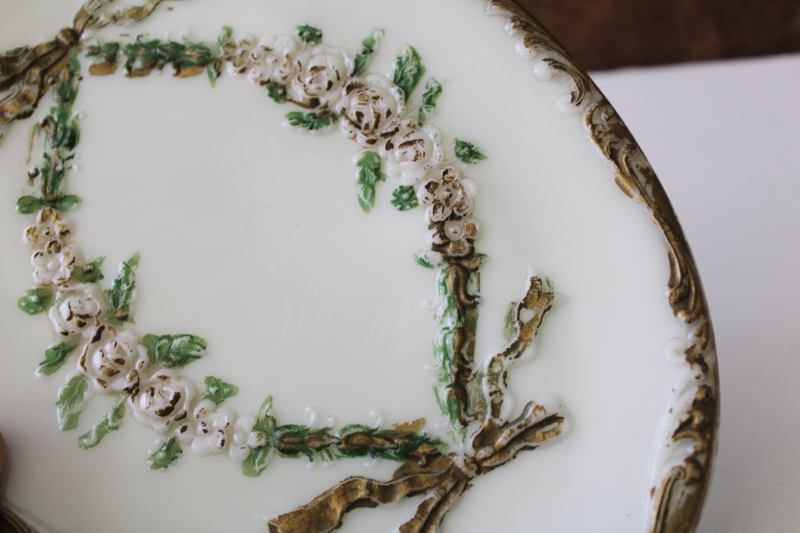 photo of Victorian antique milk glass vanity tray trinket dish, ornate embossed floral hand painted #3