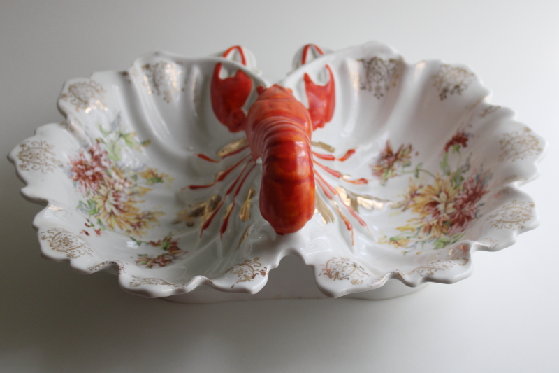 photo of Victorian antique porcelain lobster handle double bowl serving dish, 1800s vintage  #1