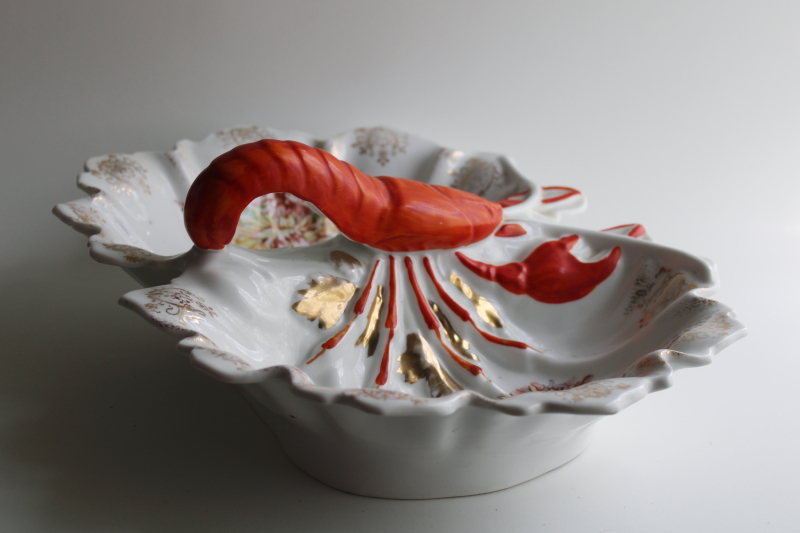 photo of Victorian antique porcelain lobster handle double bowl serving dish, 1800s vintage  #4