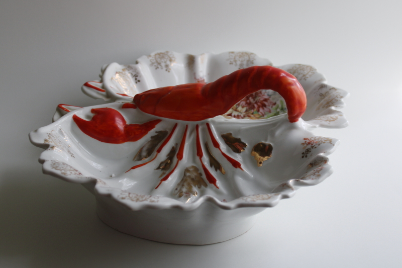 photo of Victorian antique porcelain lobster handle double bowl serving dish, 1800s vintage  #5