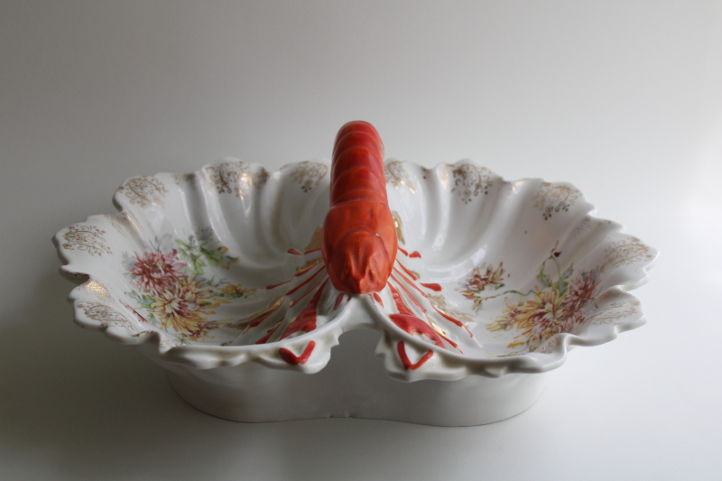 photo of Victorian antique porcelain lobster handle double bowl serving dish, 1800s vintage  #6