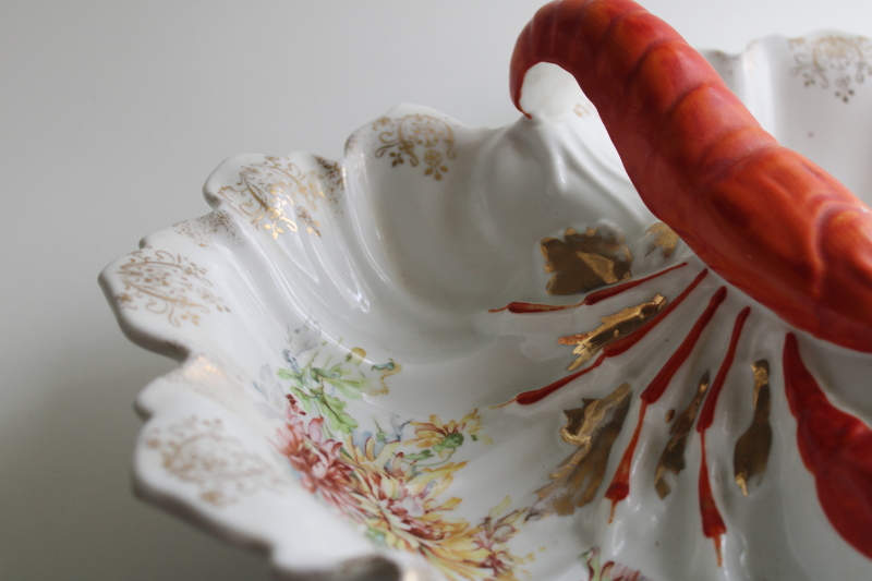 photo of Victorian antique porcelain lobster handle double bowl serving dish, 1800s vintage  #9