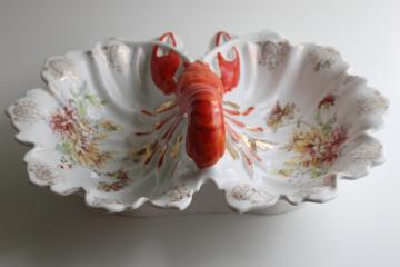 catalog photo of Victorian antique porcelain lobster handle double bowl serving dish, 1800s vintage 