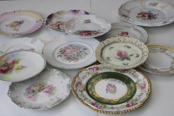 catalog photo of Victorian antique roses plates, mismatched floral china, ornate vintage serving pieces or decor