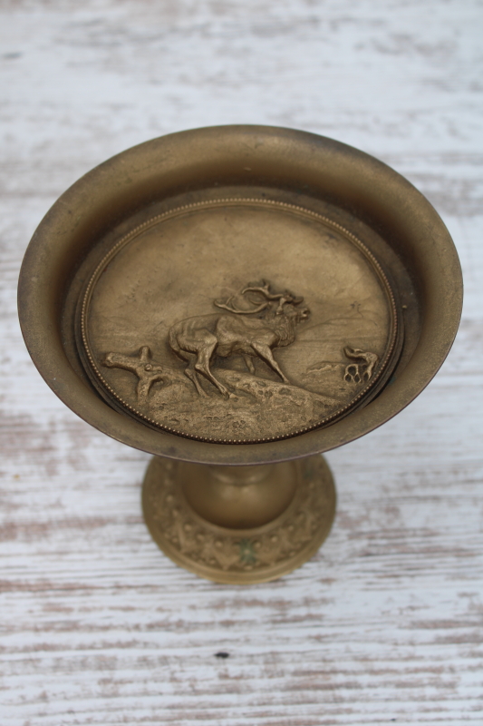 photo of Victorian antique tazza very ornate cast metal bowl w/ stag deer, turn of the century vintage #1