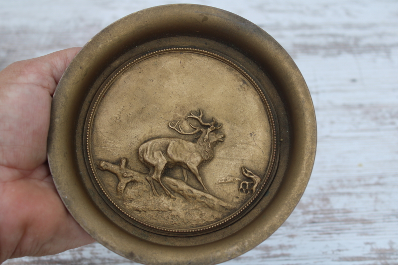 photo of Victorian antique tazza very ornate cast metal bowl w/ stag deer, turn of the century vintage #2