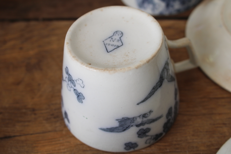 photo of Victorian antique tea cups & saucers Brownfield Woodlands blue birds transferware ironstone china  #2