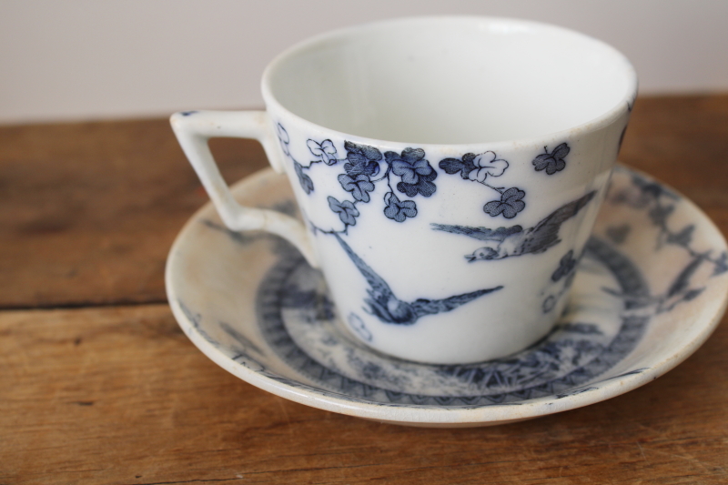 photo of Victorian antique tea cups & saucers Brownfield Woodlands blue birds transferware ironstone china  #5