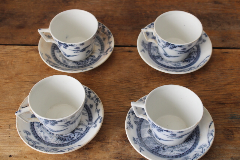 photo of Victorian antique tea cups & saucers Brownfield Woodlands blue birds transferware ironstone china  #6