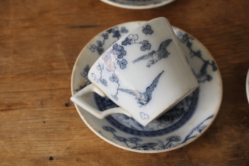 photo of Victorian antique tea cups & saucers Brownfield Woodlands blue birds transferware ironstone china  #7