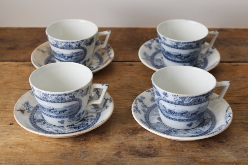 photo of Victorian antique tea cups & saucers Brownfield Woodlands blue birds transferware ironstone china  #8