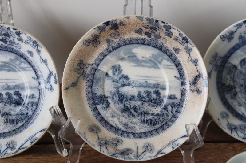 photo of Victorian antique tea cups & saucers Brownfield Woodlands blue birds transferware ironstone china  #9