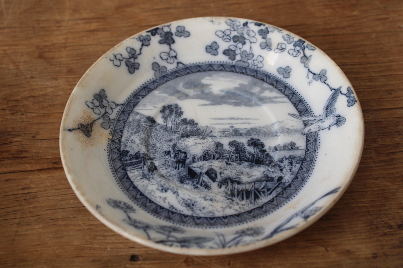 photo of Victorian antique tea cups & saucers Brownfield Woodlands blue birds transferware ironstone china  #10