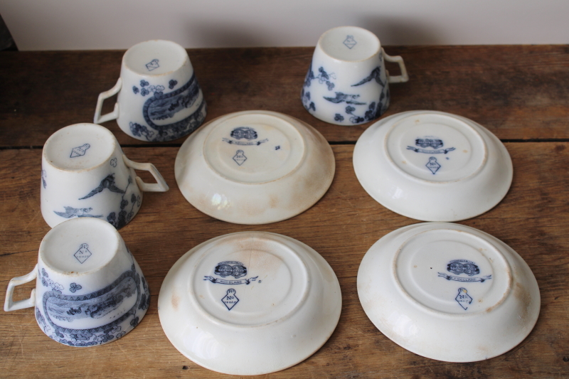 photo of Victorian antique tea cups & saucers Brownfield Woodlands blue birds transferware ironstone china  #13