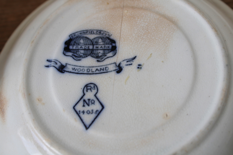 photo of Victorian antique tea cups & saucers Brownfield Woodlands blue birds transferware ironstone china  #15